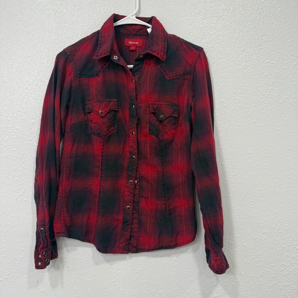 Panhandle Slim Red Black Plaid Western Snap Shirt Whipstitch Cotton J2S7281 S